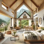 DALL·E 2026-01-23 09.08.39 - A realistic, professional photo of a modern vacation apartment in the Karkonosze mountains, surrounded by lush greenery and mountains in the backgroun